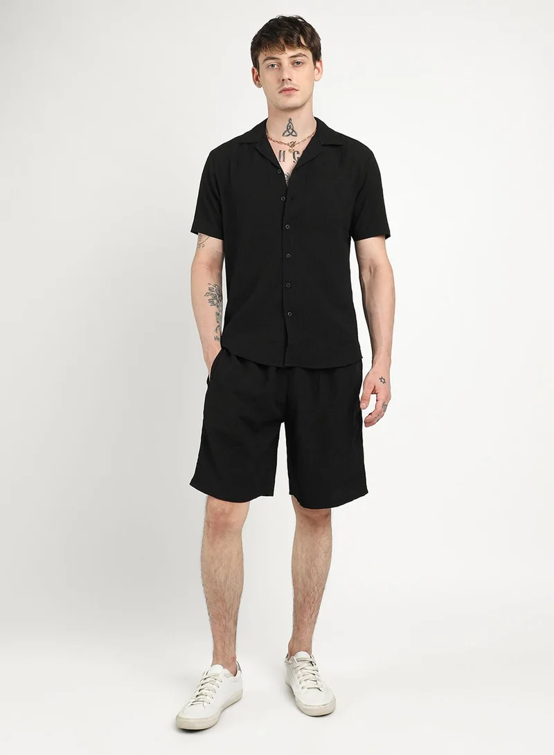 CAHOOT  Men's Onyx Black Textured Interwine Co-Ord Set For Casual Wear | Cuban Collar | Short Sleeve | Button Closure | Co-Ords Crafted With Comfort Fit For Everyday Wear for Men | Best Price UAE